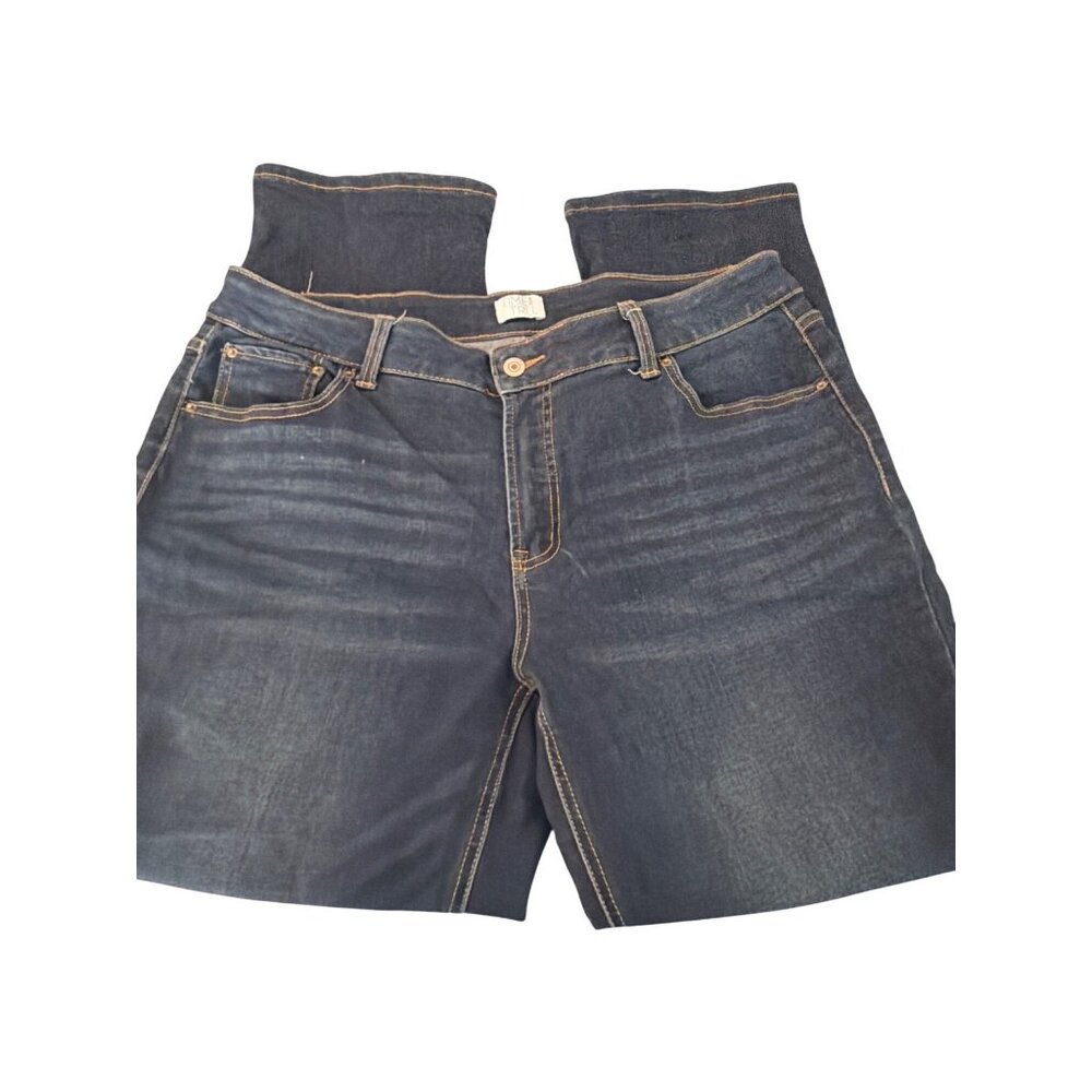 Time Tru Dark Wash Jeans Straight Legs Yellow Stitching High Waist Size 18